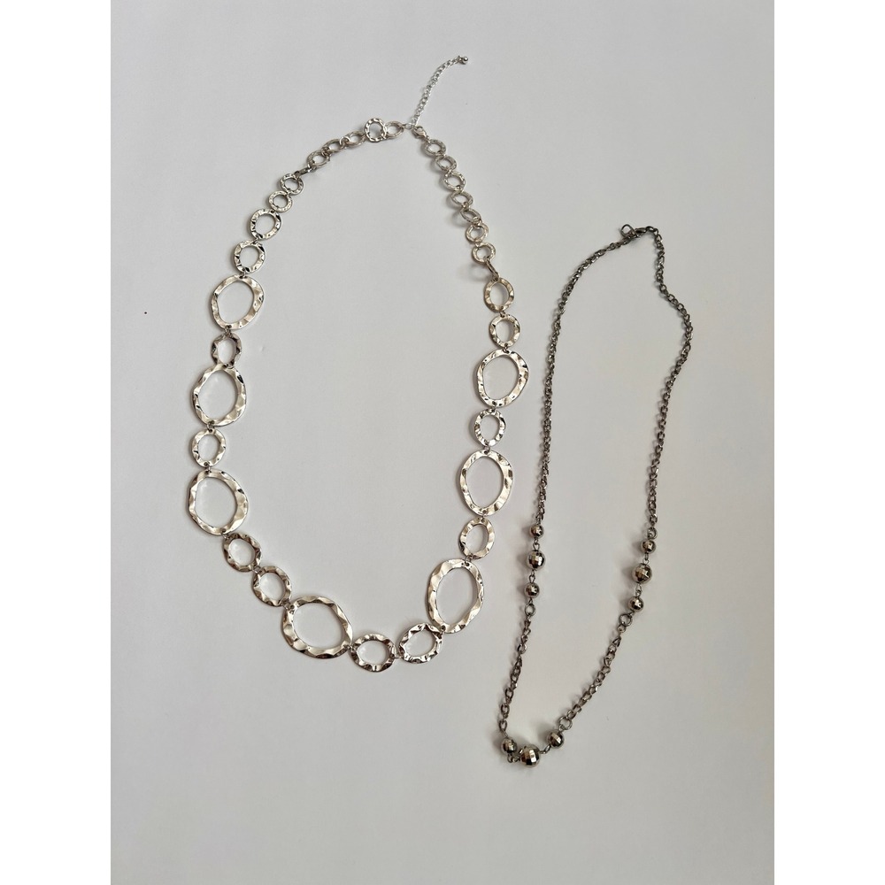 Two Necklaces & Bangle Lot - Silver Tone Chain Link Statement Jewelry Set